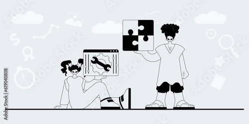 A team that specializes in SEO . trendy exemplar in a analogue manner. Trendy style, Vector Illustration