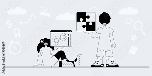 A team that specializes in SEO . trendy exemplar in a analogue manner. Trendy style, Vector Illustration