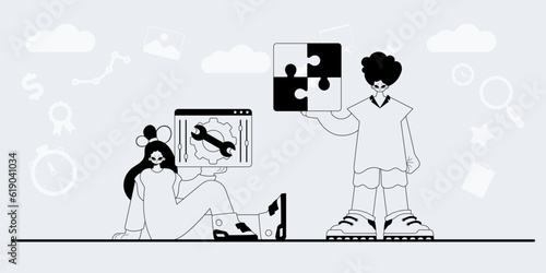 A team that specializes in SEO . trendy exemplar in a analogue manner. Trendy style, Vector Illustration