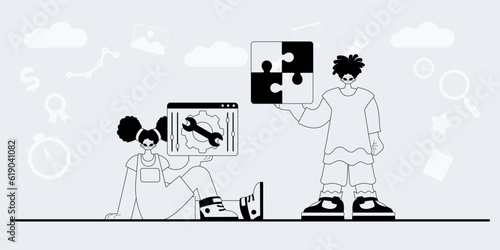 A team that specializes in SEO . trendy exemplar in a analogue manner. Trendy style, Vector Illustration
