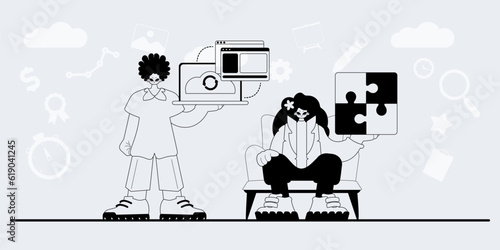 A team that specializes in SEO . trendy exemplar in a analogue manner. Trendy style, Vector Illustration