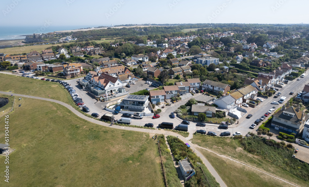 Drone aerial view of  Broadstairs town from botaby bay beach Kent United Kingdom
