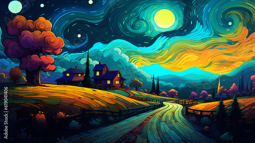 hand drawn cartoon beautiful autumn night farm illustration under the starry sky 