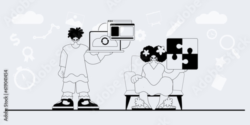 A team that specializes in SEO . trendy exemplar in a analogue manner. Trendy style, Vector Illustration