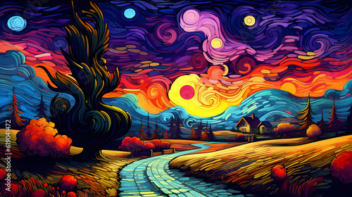 hand drawn cartoon beautiful autumn night farm illustration under the starry sky 