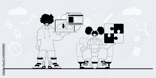 A team that specializes in SEO . trendy exemplar in a analogue manner. Trendy style, Vector Illustration