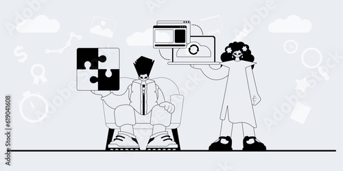 A team that specializes in SEO . trendy exemplar in a analogue manner. Trendy style, Vector Illustration