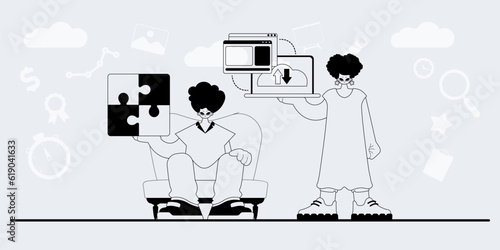 A team that specializes in SEO . trendy exemplar in a analogue manner. Trendy style, Vector Illustration