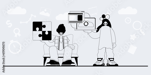 A team that specializes in SEO . trendy exemplar in a analogue manner. Trendy style, Vector Illustration