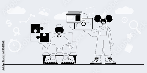 A team that specializes in SEO . trendy exemplar in a analogue manner. Trendy style, Vector Illustration