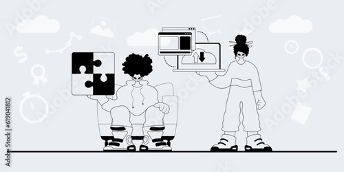 A team that specializes in SEO . trendy exemplar in a analogue manner. Trendy style, Vector Illustration