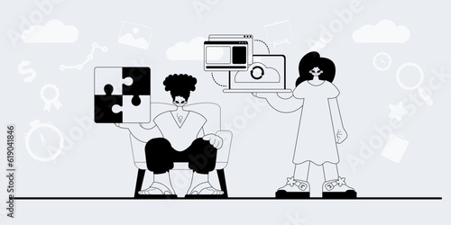 A team that specializes in SEO . trendy exemplar in a analogue manner. Trendy style, Vector Illustration