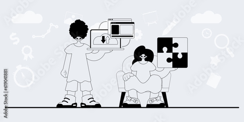 A team that specializes in SEO . trendy exemplar in a analogue manner. Trendy style, Vector Illustration