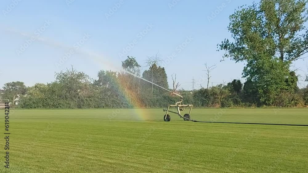 Watering machine watering the green field next to a small rainbow Watering machine watering the green field next to a small rainbow