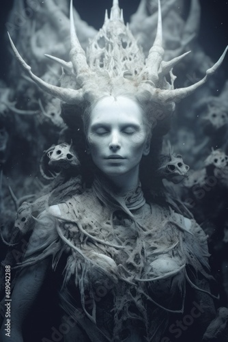 A norse goddess Hel with horns and a crown on her head. Generative AI image.
