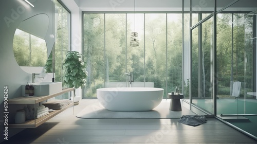 serene bathroom with a white bathtub next to a window overlooking nature © jambulart