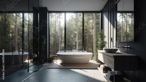 serene bathroom with a white bathtub next to a window overlooking nature