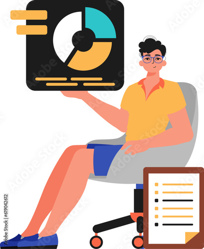 The ridicule sits in a electric chair and holds a chart with statistic. Trendy style, Vector Illustration