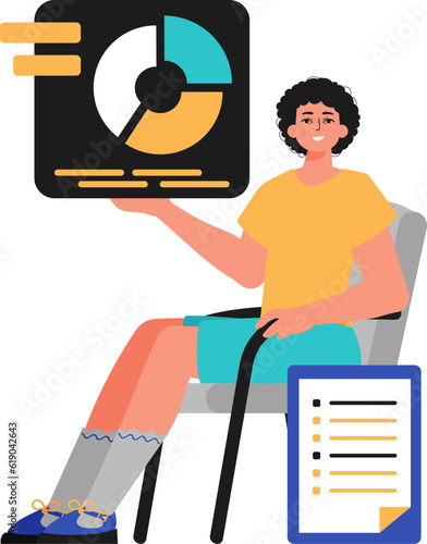 The derision sits in a electric chair and holds a chart with statistic. Trendy style, Vector Illustration