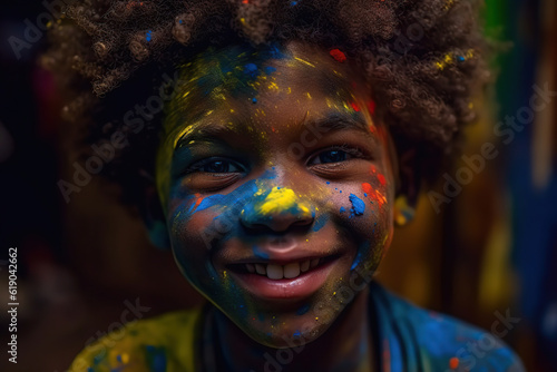 happy afro child playing with paint. Generative AI illustration.