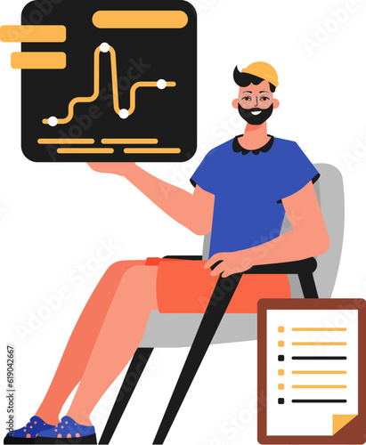 The derision sits in a electric president and holds a chart with statistic. Trendy style, Vector Illustration