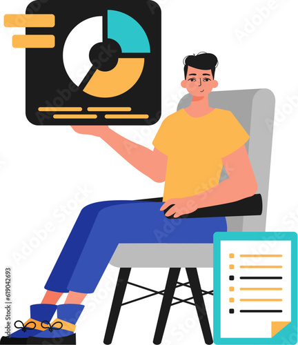 The derision sits in a electric president and holds a chart with statistic. Trendy style, Vector Illustration