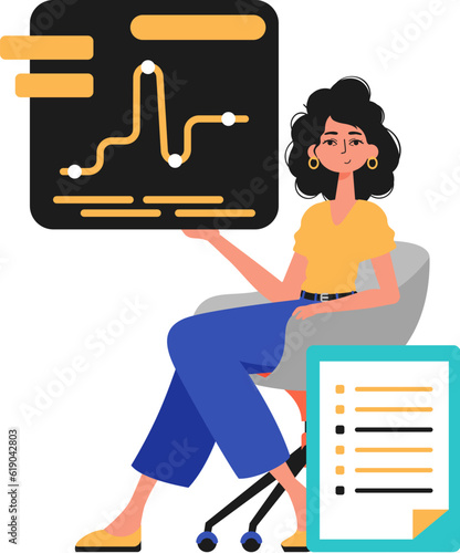 The female child sits in a moderate and holds a chart with statistic. Trendy style, Vector Illustration