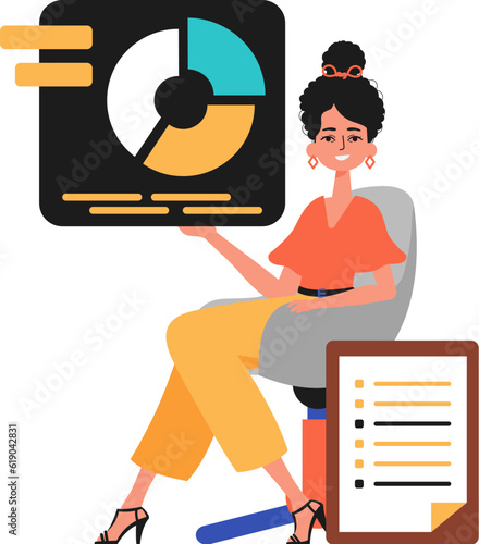 The female child sits in a mince and holds a graph with statistic. Trendy style, Vector Illustration