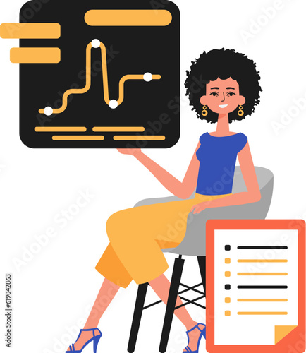 The female child sits in a mince and holds a graph with statistic. Trendy style, Vector Illustration
