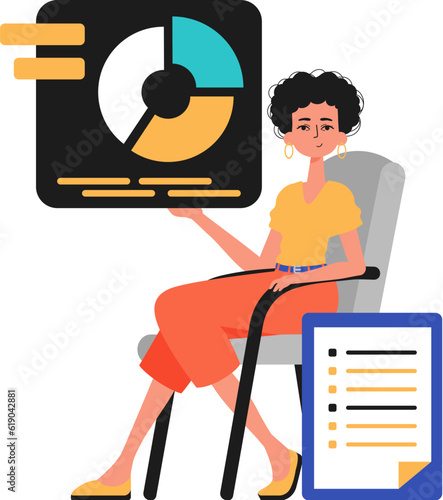 The female child sits in a mince and holds a graph with statistic. Trendy style, Vector Illustration
