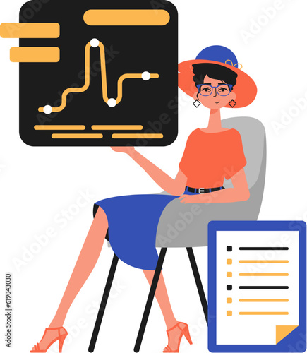 The female child sits in a mince and holds a graph with statistic. Trendy style, Vector Illustration
