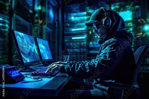 Hacker using laptop with binary code digital interface for hacking and deploy malware virus to others networks, Generative AI © tonstock