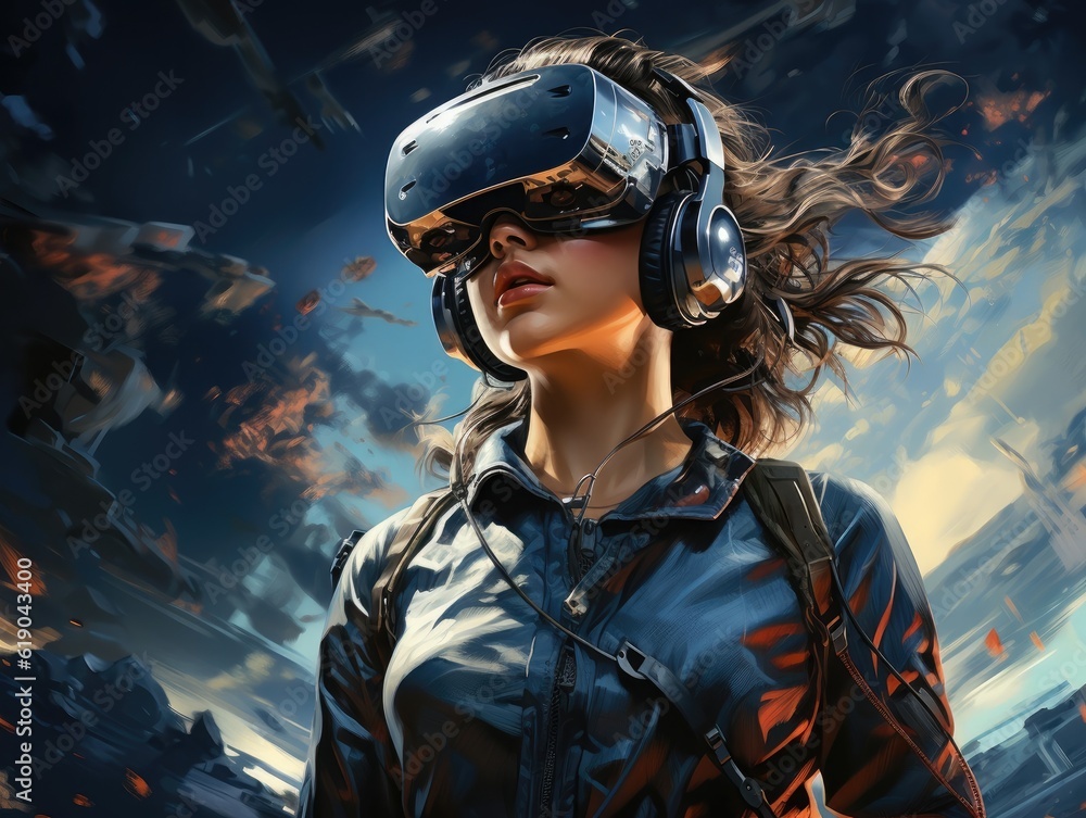 A woman wearing VR headset user, surreal world and virtual reality, cloudy sky in the background. Generative AI A woman wearing VR headset user, surreal world and virtual reality, cloudy sky in the background. Generative AI