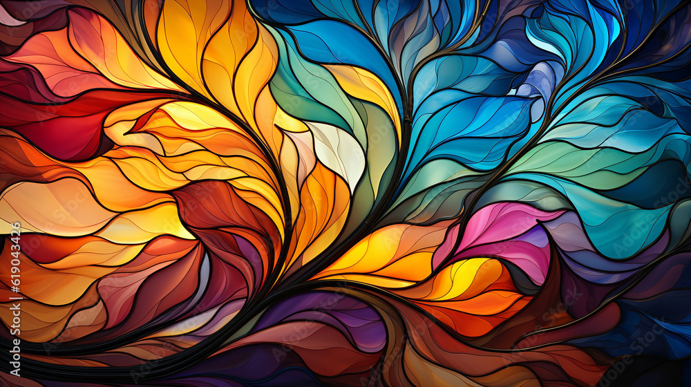 Stained glass window background with colorful abstract shapes, in the style of multidimensional shading, leaf patterns, colorful realism, flowing forms