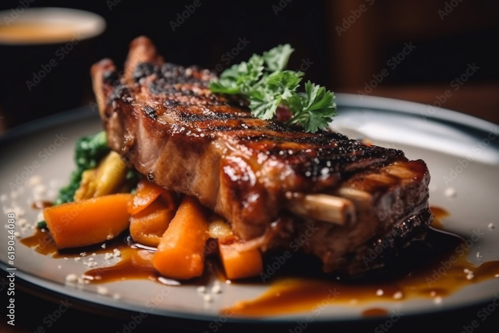 Appetizing grilled ribs, restaurant serving. Generative AI. Appetizing grilled ribs, restaurant serving. Generative AI.