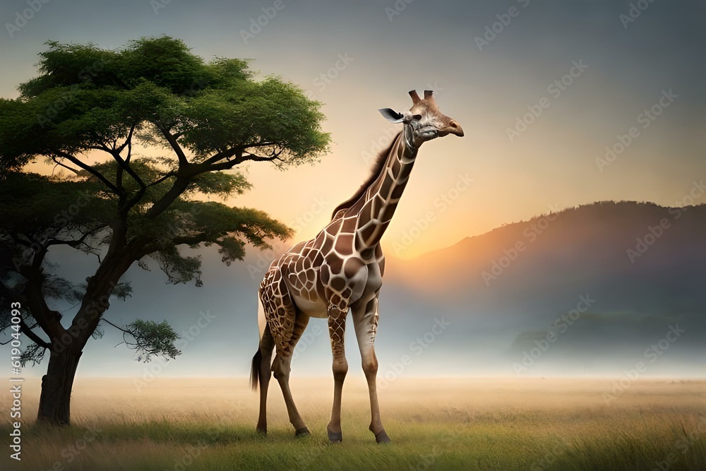 A majestic giraffe gracefully stretching its long neck to reach and eat fresh leaves from the tall branches of a tree