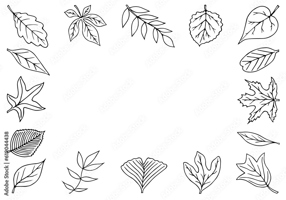 A frame of various leaves. Hand Drawn. Freehand drawing. Doodle. Sketch. Outline. Coloring book.