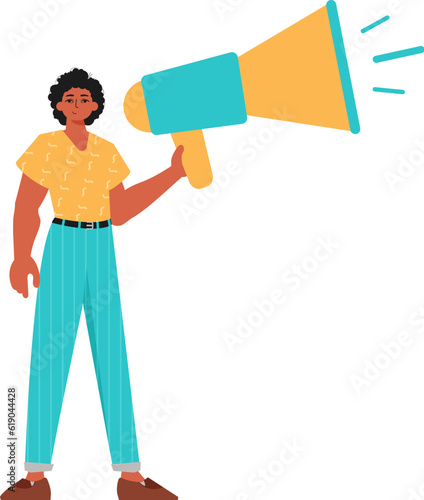 The guy is holding a bullhorn in his hand. Trendy style, Vector Illustration
