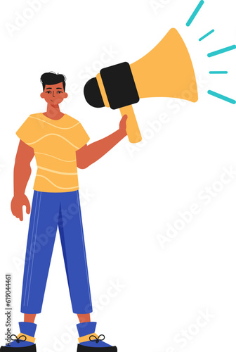 The guy is holding a bullhorn in his hand. Trendy style, Vector Illustration