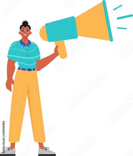 The ridicule is holding a bullhorn in his hand. Trendy style, Vector Illustration