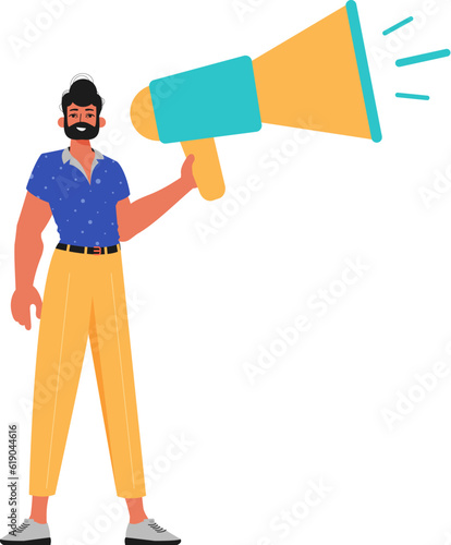 The derision is holding a bullhorn in his hand. Trendy style, Vector Illustration