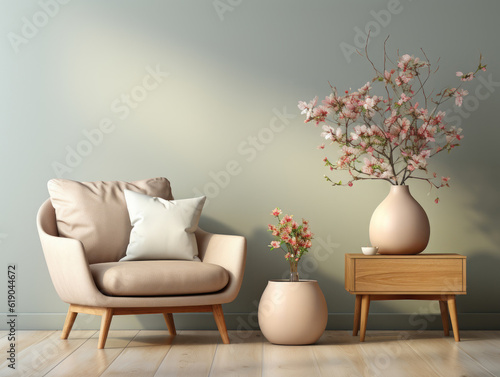 Home Interior Mockup with armchair pouf and bouquet  Mockups Design 3D  High-quality Mockups  Generative Ai