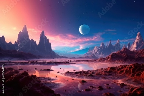 Fantasy landscape of alien planet with rocks. Alien planet surface illustration for computer game. Generated AI