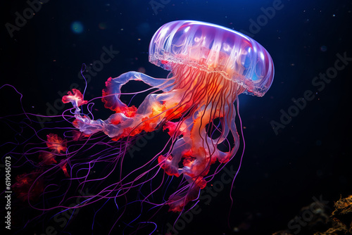A mesmerizing photograph of a bioluminescent jellyfish illuminating the dark depths of the ocean, with its vibrant colors and glowing trails creating a captivating display of natur Generative AI © forenna