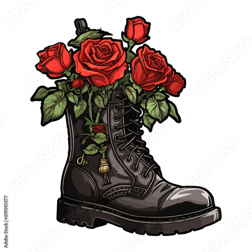 Boots with roses inside, Stop the wars. Military boots. Military boot with bloom inside. World peace. red roses. Army boots