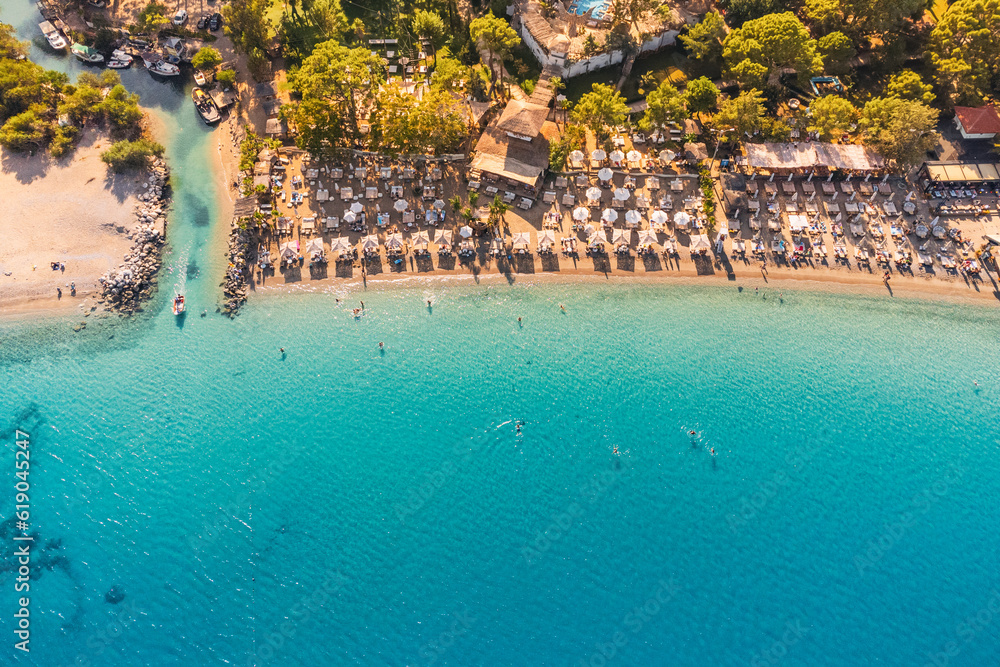 Aerial beach view in Antalya city. Turkish riviera and vacations in summer