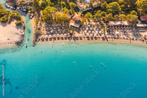Aerial beach view in Antalya city. Turkish riviera and vacations in summer