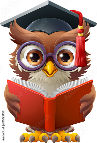 A wise owl bird cartoon cute character. Wearing a graduation, convocation or professor teacher mortar board cap or hat and glasses. Reading a book. photo