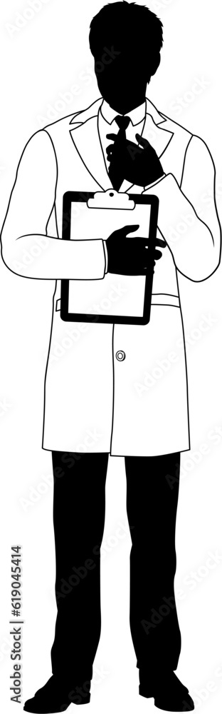 Silhouette person scientist, engineer or professor man in a lab coat. Holding clipboard checklist. Possibly performing experiment or surveying. Alternatively a chemist, science teacher or pharmacist. Silhouette person scientist, engineer or professor man in a lab coat. Holding clipboard checklist. Possibly performing experiment or surveying. Alternatively a chemist, science teacher or pharmacist.