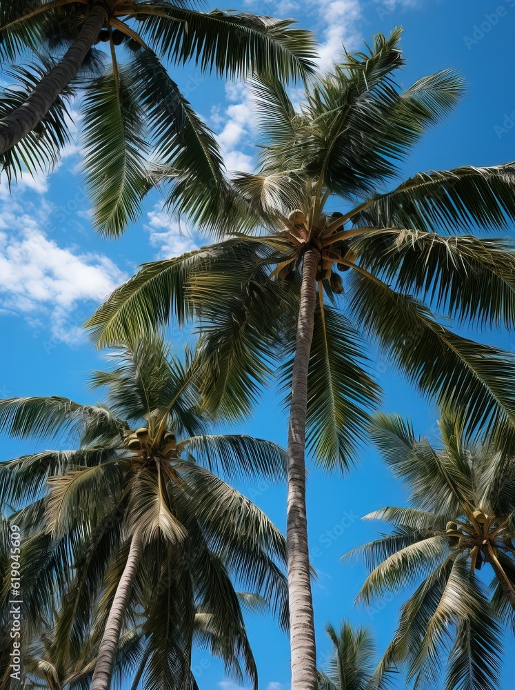 Fototapeta premium Palmiers tropicaux sur fond de ciel bleu, IA générative, Générative, IA